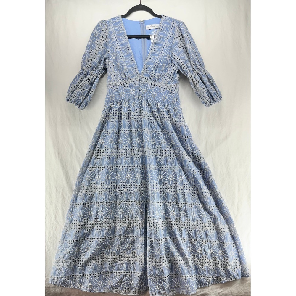 Petal + Pup Tani Light Blue Floral Eyelet Maxi Dress V-Neck Puff Sleeve Size 6